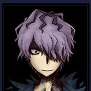 a picture of garry from ib. they have shaggy purple hair that covers one eye. they are smiling slightly.
